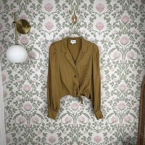 Frnch Paris Mustard Tie-Front Collared Blouse with Puff Sleeves - Size - Small